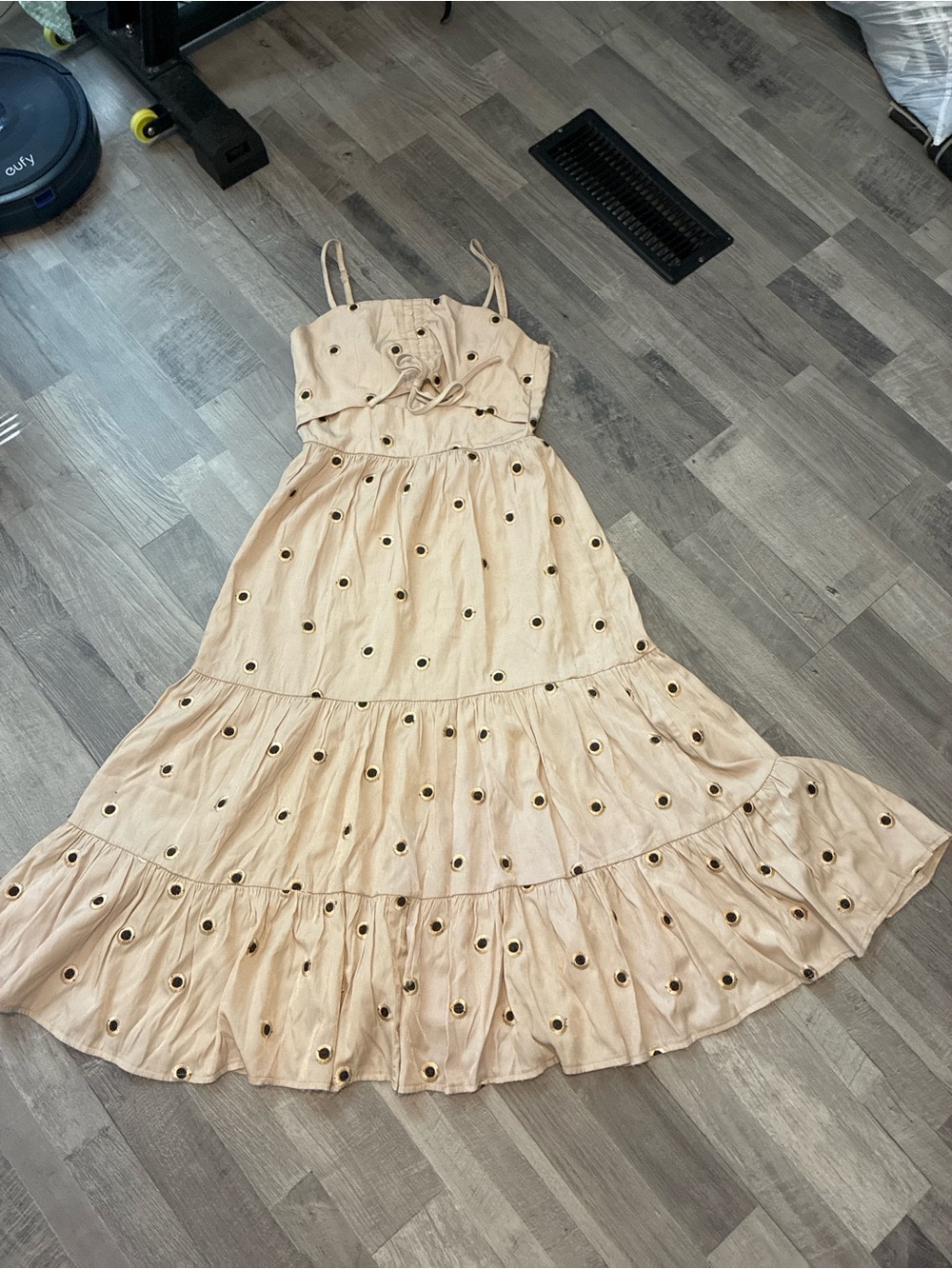 Spaghetti-Strap Beige Eyelet Tiered Maxi Dress
